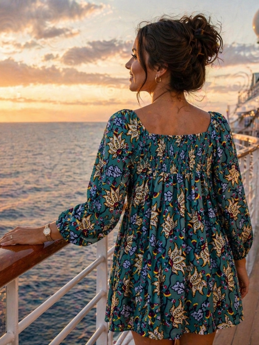 Vilaja Boutique Teal Boho Floral Mini Dress Size Small Smocked Neck Puff